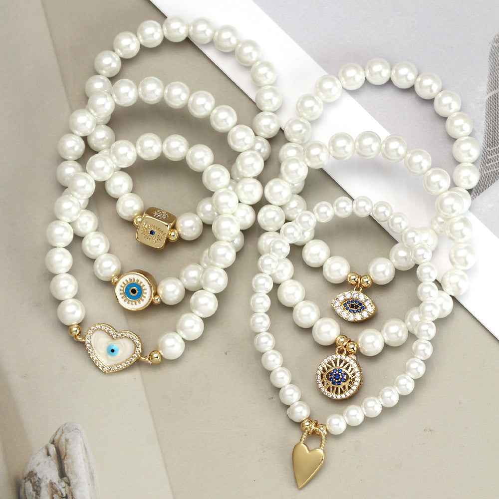 Elegant Heart & Evil Eye Pearl Charm Bracelet - Adjustable Gold Chain Jewelry for Men and Women