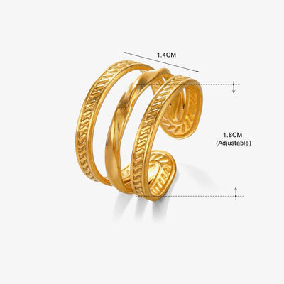 18K Gold Plated Stainless Steel Open Ring with Triple Line Design