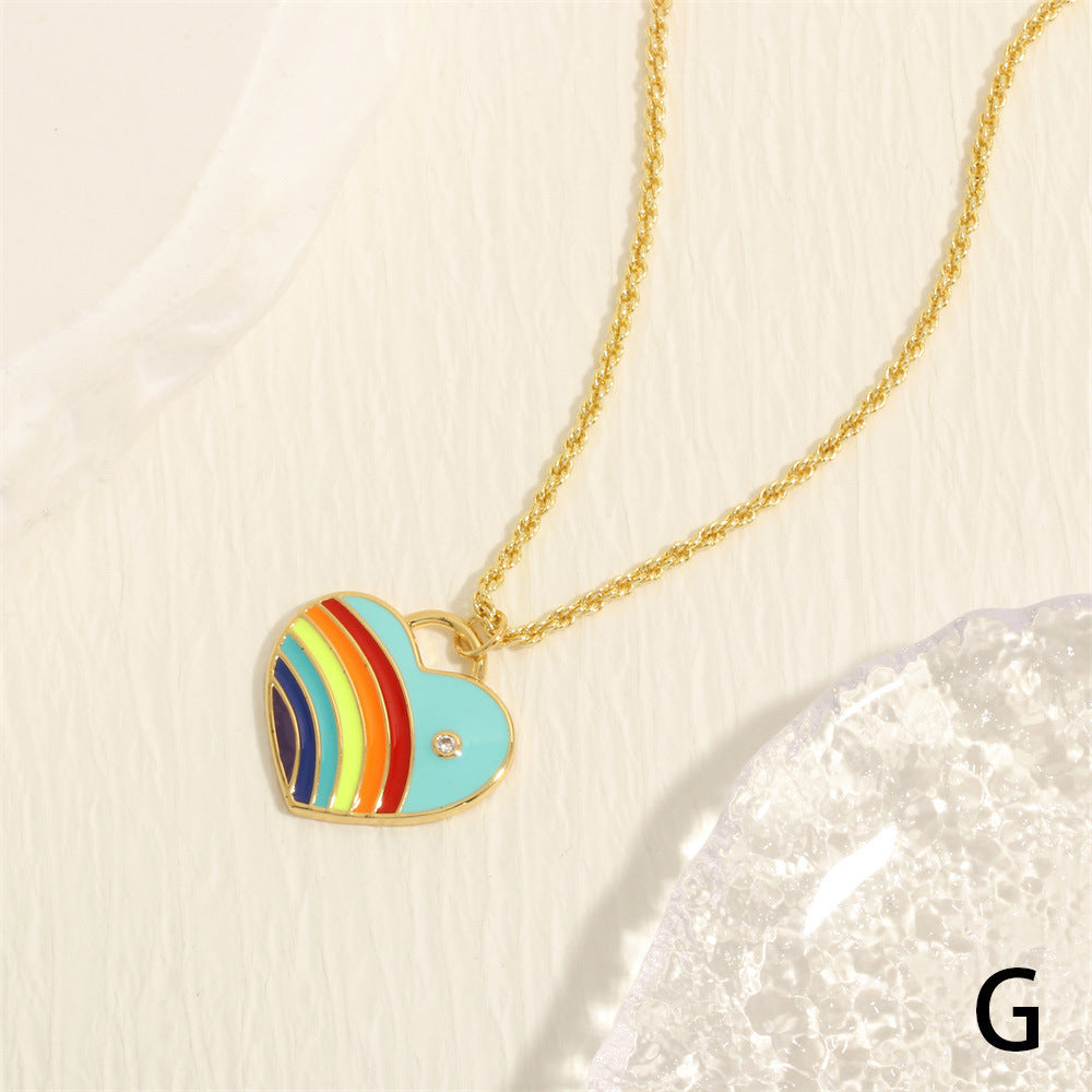 Simple Heart Shape Rainbow Enamel Zircon Pendant Necklace 18k Gold Plated