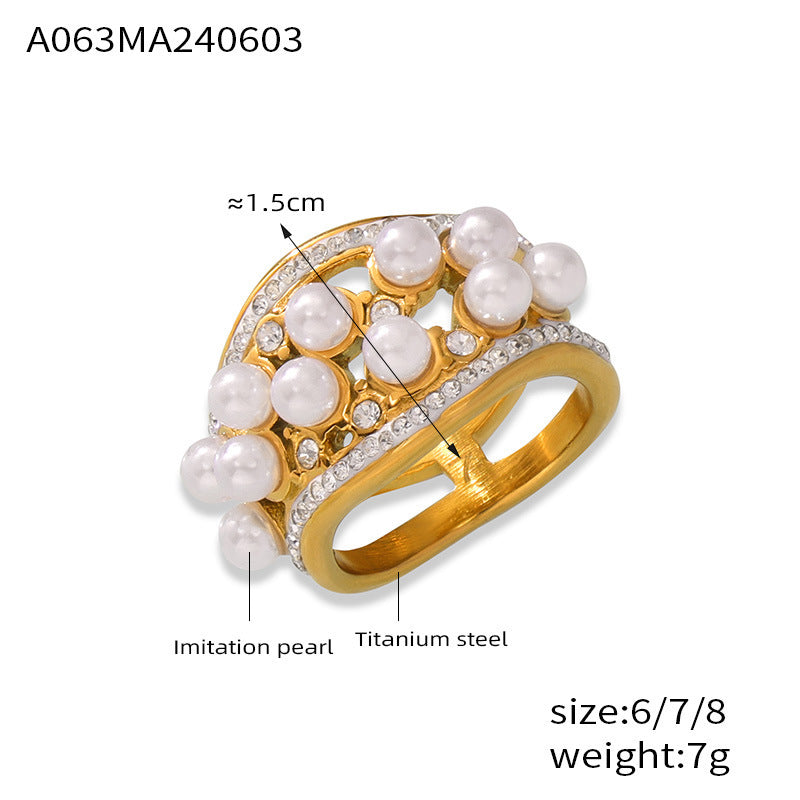 Elegant Minimalist 18K Gold Plated Stainless Steel Ring with Artificial Pearls and Rhinestones