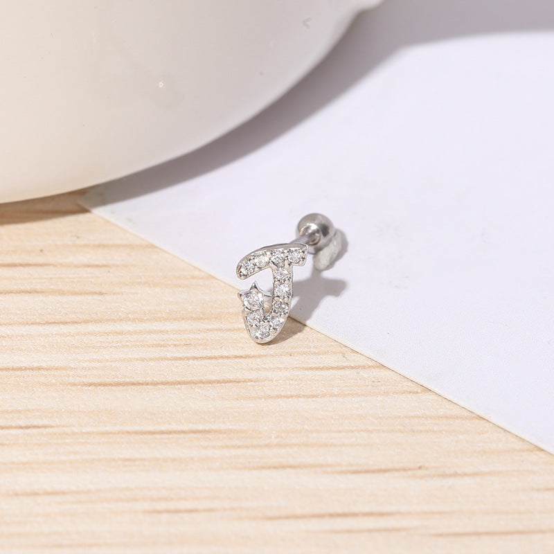 IG Style Shiny Letter Zircon Inlay Stainless Steel Cartilage Stud Earrings with Threaded Screw Closure