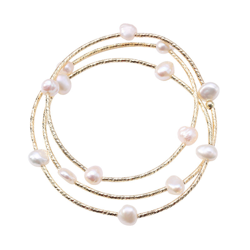 Elegant Baroque Freshwater Pearl Gold-Plated Titanium Steel Bracelet