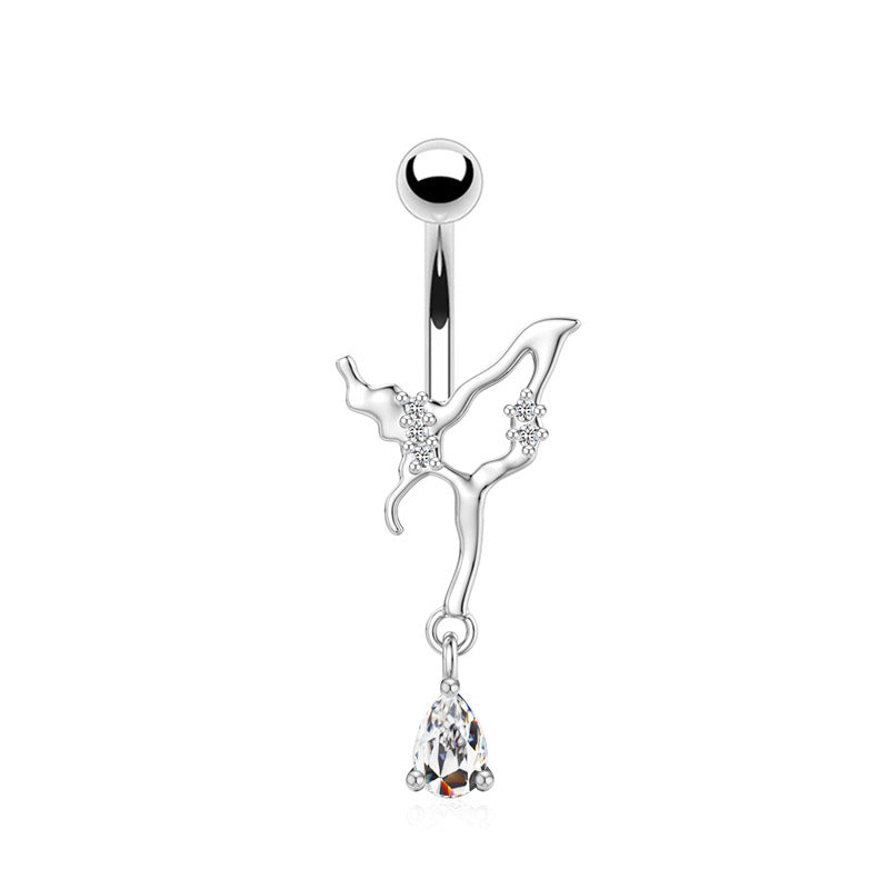 Heart Shape Flower & Butterfly Belly Ring - Stainless Steel with Rhinestones