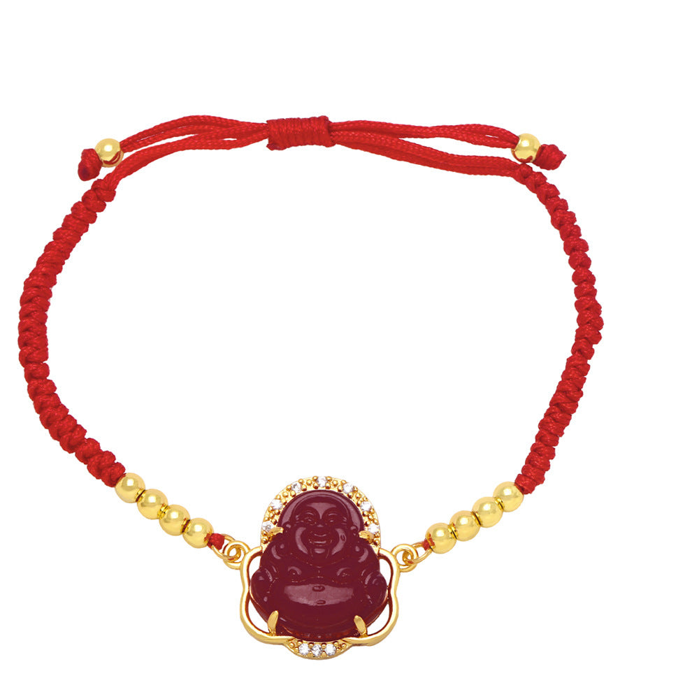 Fashion Buddha Gold Plated Zircon Beaded Copper Bracelet with Red String Design