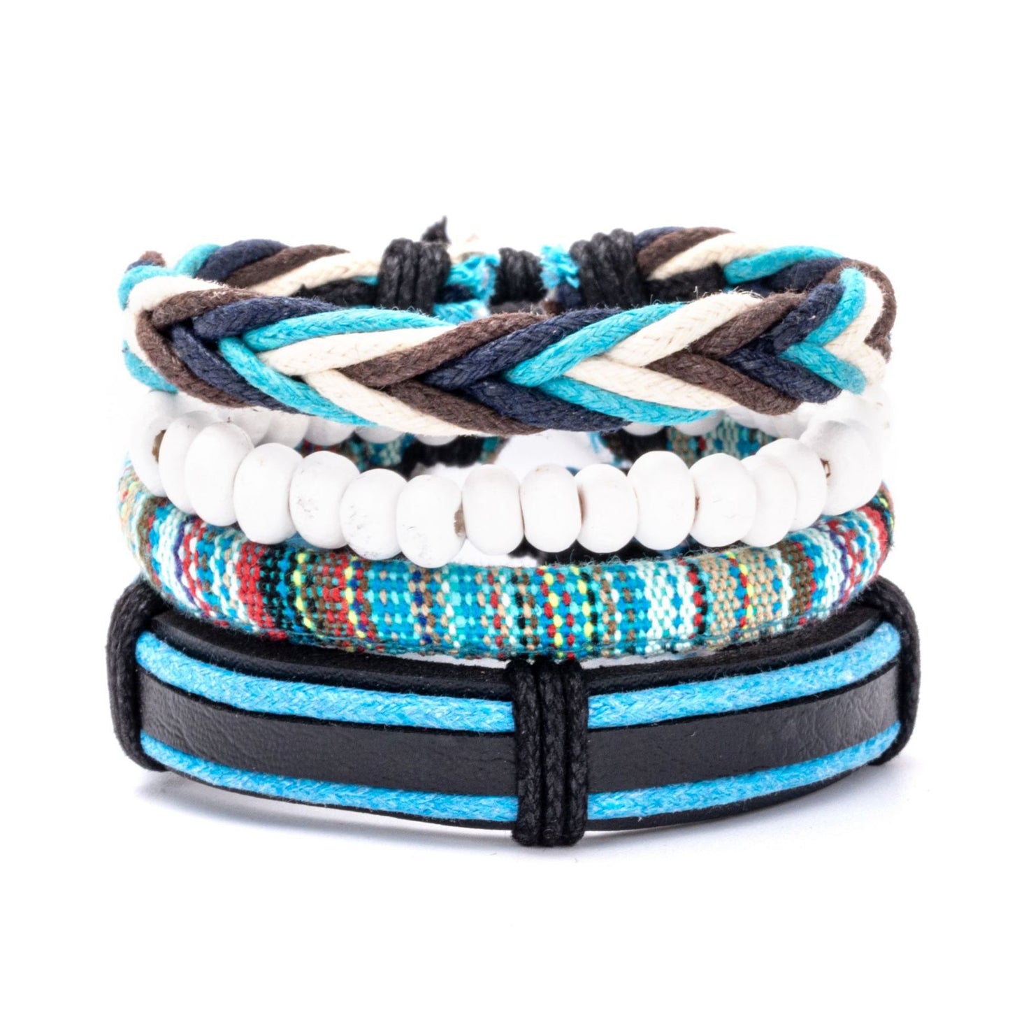 Bohemian Multicolor Beaded Leather Braided Unisex Bracelet Set