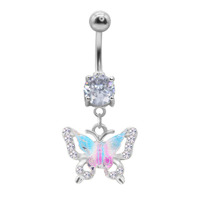 Elegant Moon & Butterfly Belly Ring - 316 Stainless Steel with Zircon Rhinestones