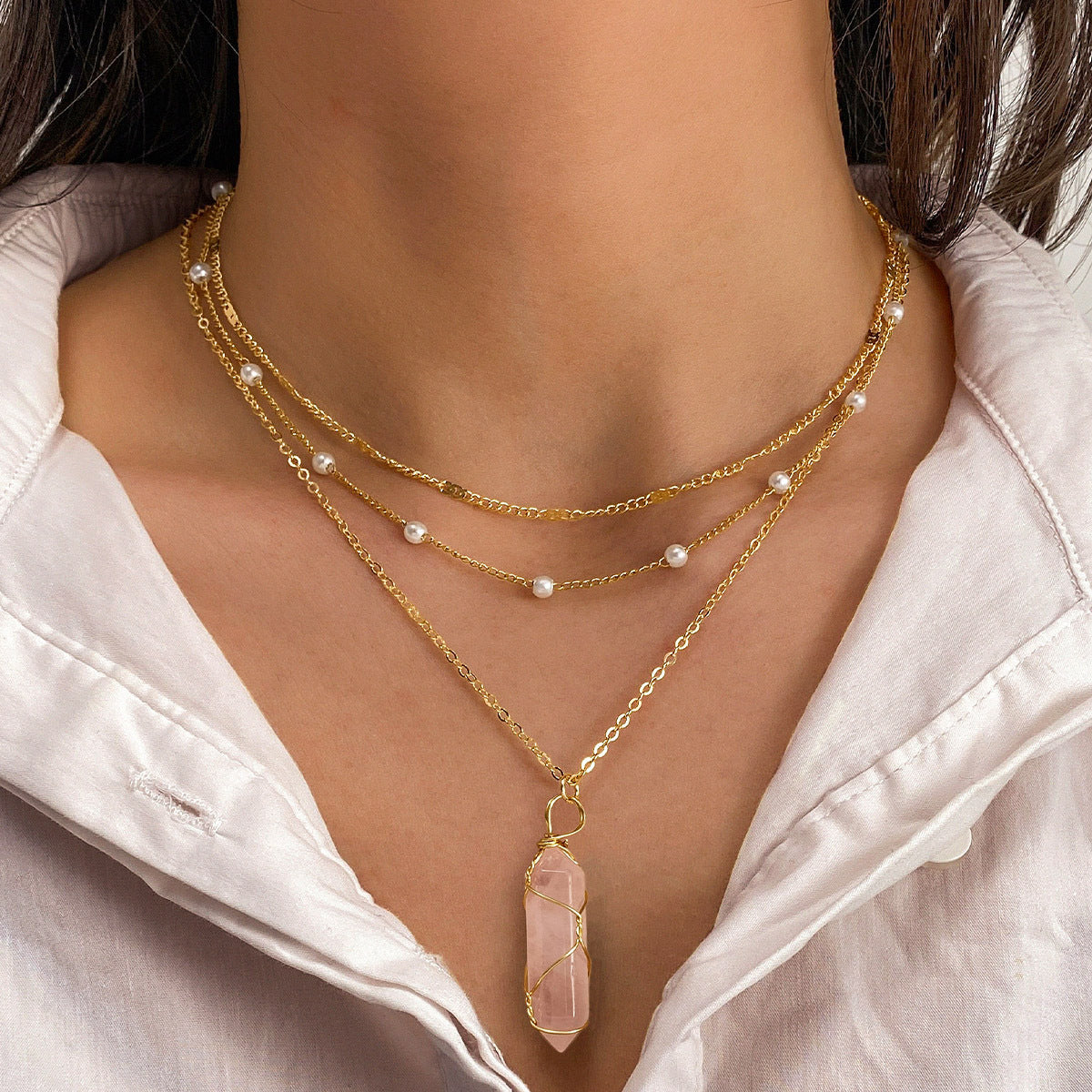 Casual Geometric Natural Stone Crystal Pendant Layered Necklace