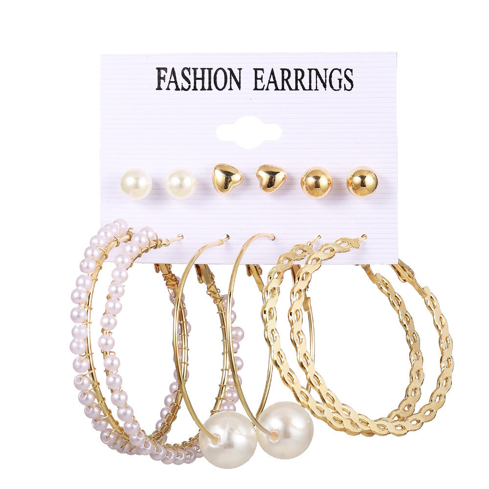 European Love Heart & Pearl Diamond Earring Set - 6 Piece Gold Round Ring Collection