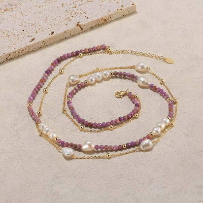 14K Gold Plated Sterling Silver Geometric Double Layer Necklace with Freshwater Pearl and Purple Mica