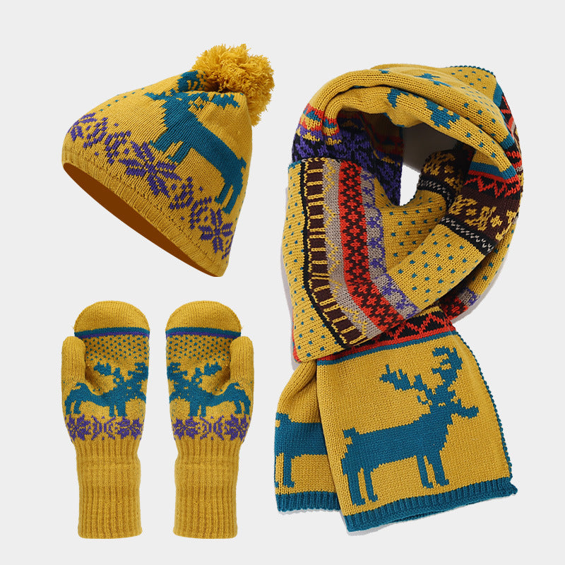 Women's Elegant Reindeer Knit Scarf Hat Gloves 3-Piece Set