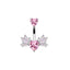 Heart Shape Butterfly Wing Belly Ring - 316 Stainless Steel with Rhinestones, White Gold Plated