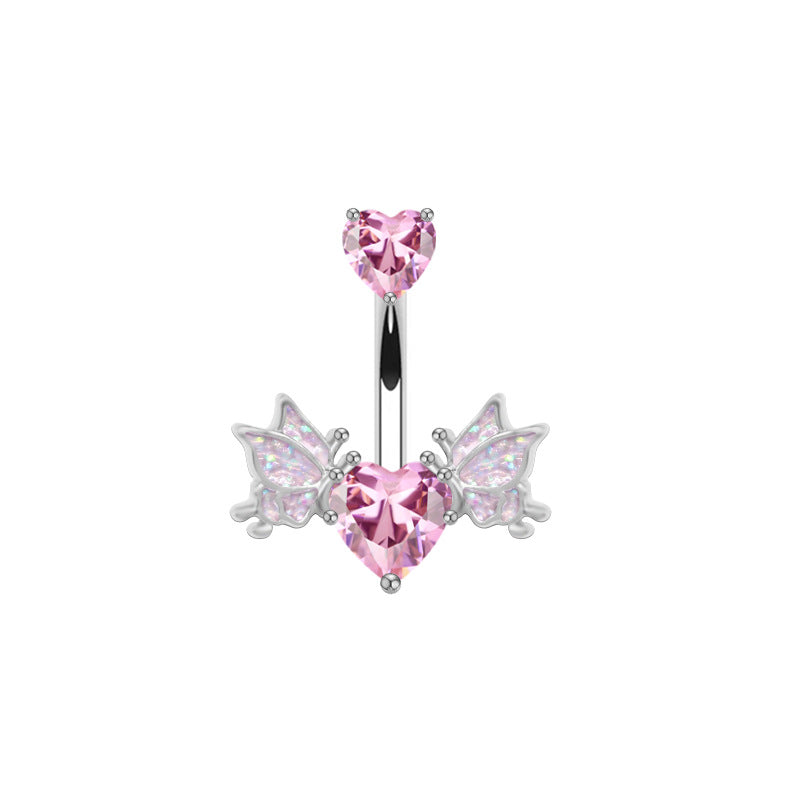 Heart Shape Butterfly Wing Belly Ring - 316 Stainless Steel with Rhinestones, White Gold Plated