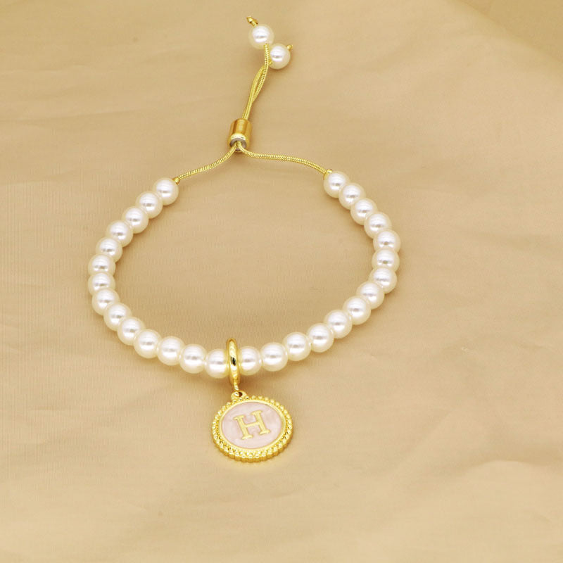 18K Gold Plated Adjustable Letter Pendant Imitation Pearl Bracelet