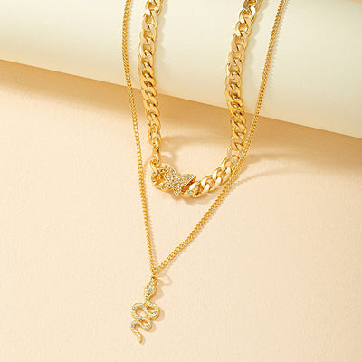 Fashion Rhinestone Butterfly Snake Pendant Layered Necklace for Women