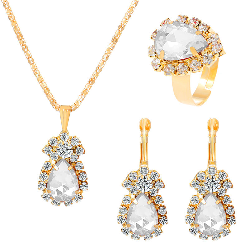 Bridal Shiny Water Droplet Rhinestone Jewelry Set - 14k Gold Plated Necklace, Earrings, and Ring