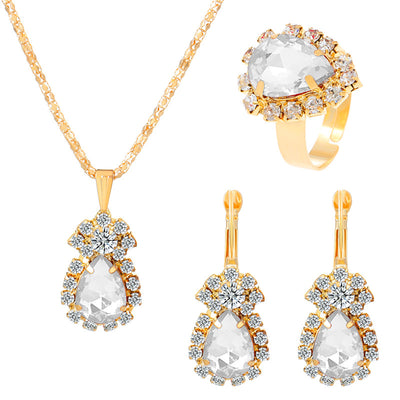 Bridal Shiny Water Droplet Rhinestone Jewelry Set - 14k Gold Plated Necklace, Earrings, and Ring