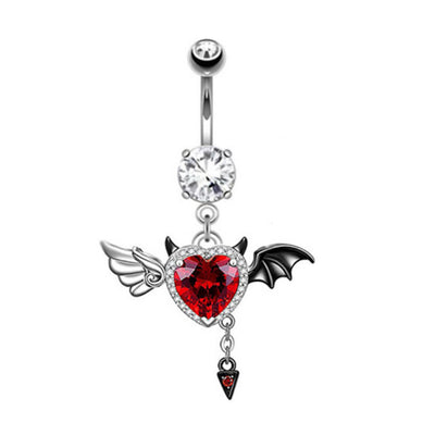 Heart Shape Bat Wings Belly Ring with Rhinestones and Zircon in Stainless Steel and Copper Plating