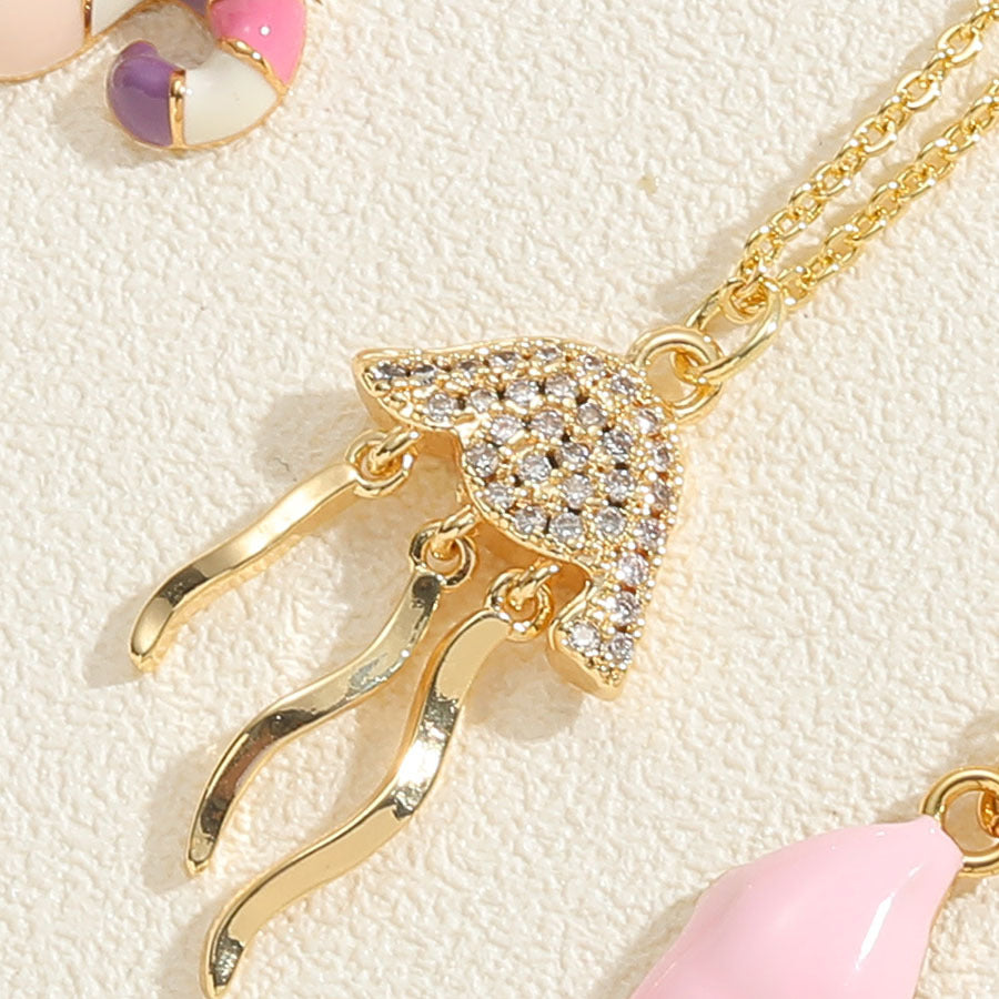 14k Gold Plated Starfish and Shell Zircon Pendant Necklace - Ocean Series