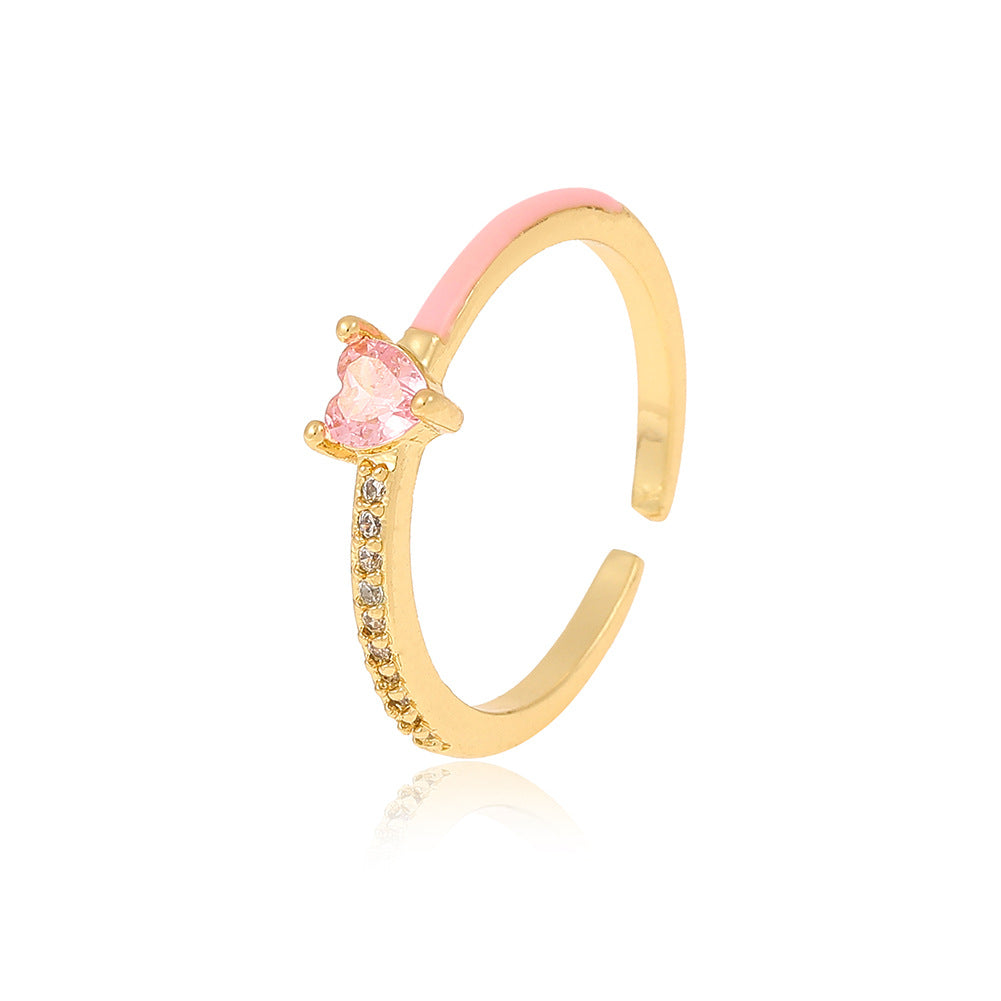 Minimalist Heart & Water Droplet Zircon Adjustable Open Ring in 18K Gold Plated Copper