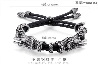 Retro Dragon Head Stainless Steel Leather Men's Adjustable Bracelet