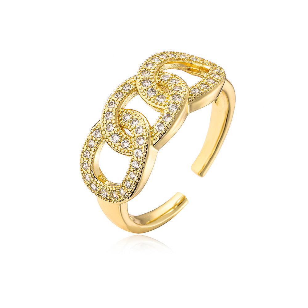 Fashion Geometric Zircon Open Ring - Gold Plated Copper Adjustable Design