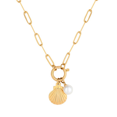 Elegant Zircon Gold Plated Stainless Steel Pendant Necklace with Coin and Shell Design