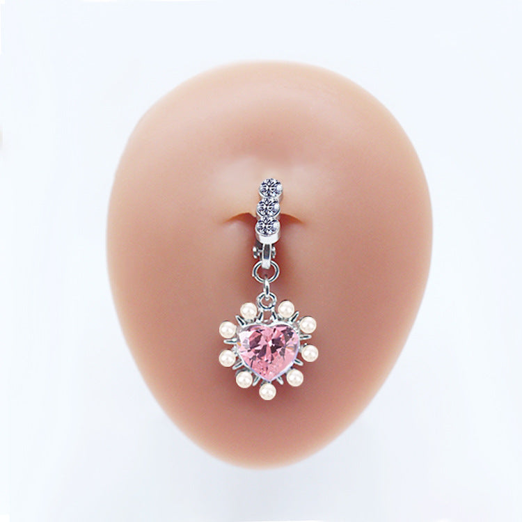 Casual Heart-Shaped Opal and Rhinestone Belly Ring Set in Stainless Steel and White Gold Plating