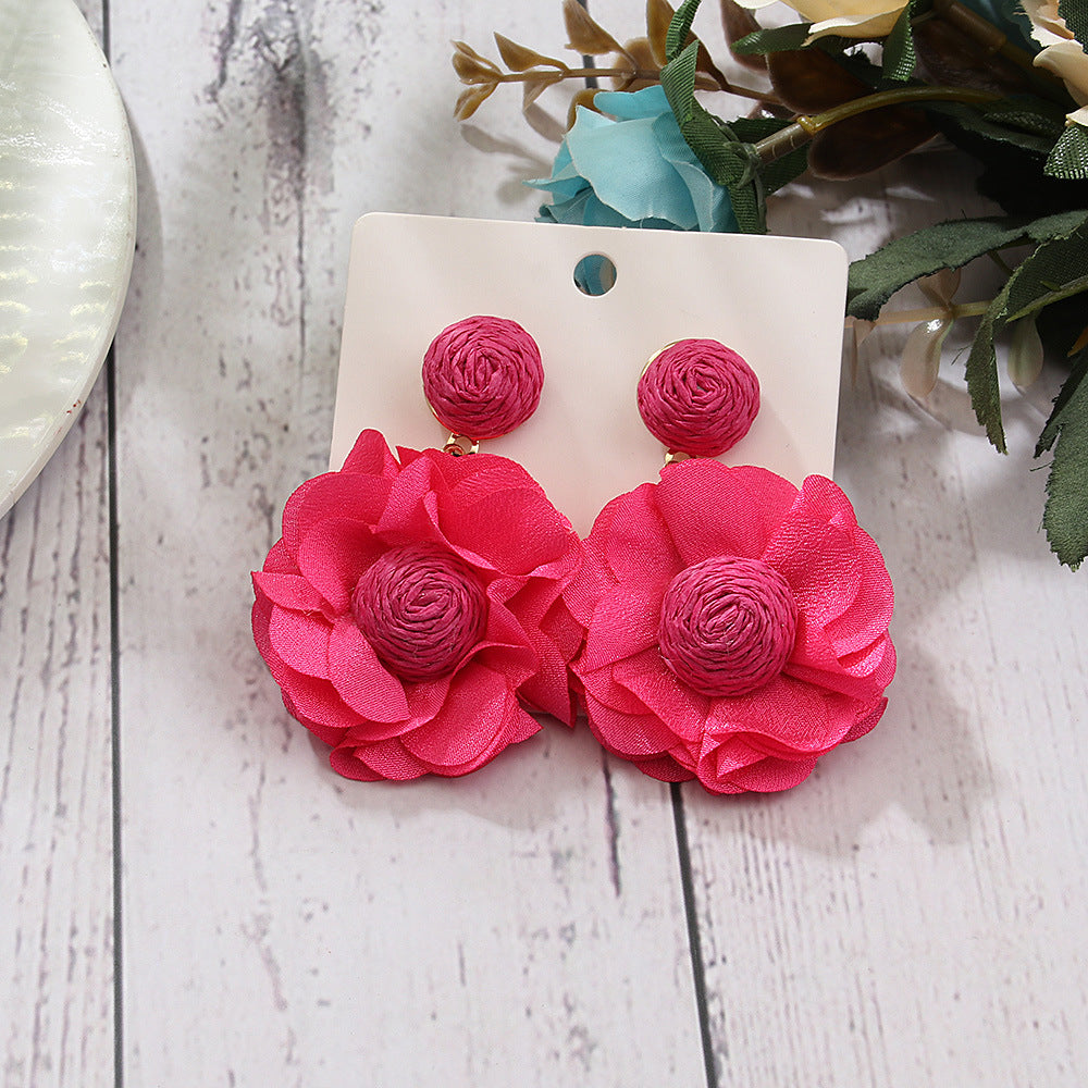 Exaggerated Bohemian Raffia Flower Patchwork Women's Drop Earrings