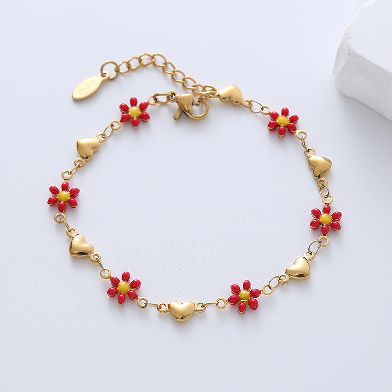 Simple Heart Flower Enamel Gold Plated Stainless Steel Bracelet