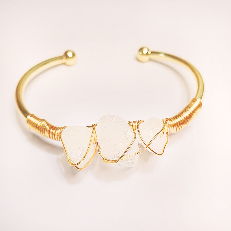 Simple Irregular Natural Stone Crystal Gold-Plated Bangle Bracelet