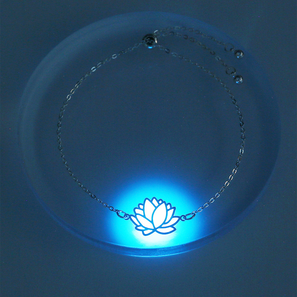 Luminous Lotus Adjustable Silver Bracelet - Fashionable Blue Green Glow Jewelry for Women