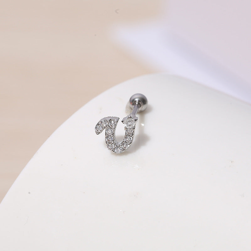 IG Style Shiny Letter Zircon Inlay Stainless Steel Cartilage Stud Earrings with Threaded Screw Closure