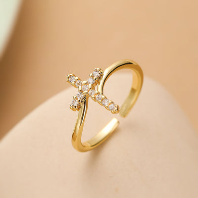 Minimalist Geometric Cross 18k Gold Plated Zircon Open Ring