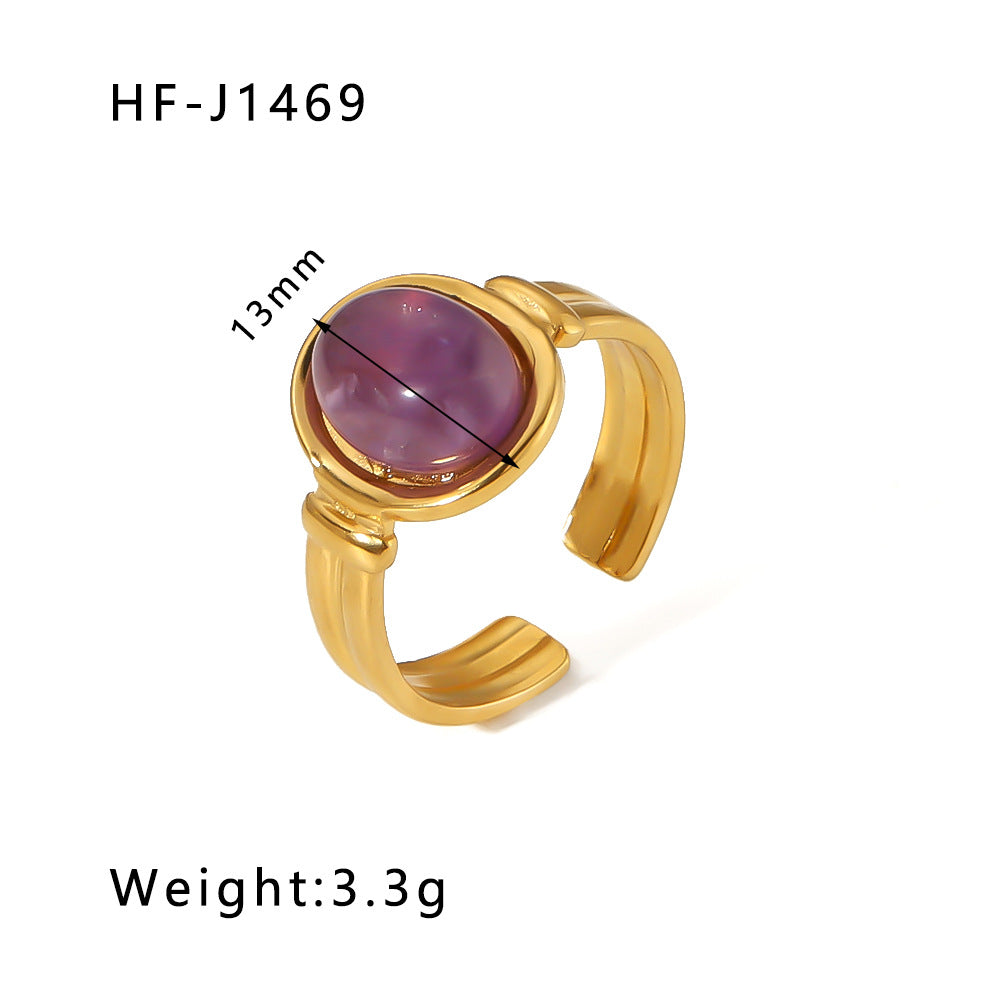 Basic Vintage Style Round Stainless Steel Plating Inlay Natural Stone 18K Gold Plated Open Rings