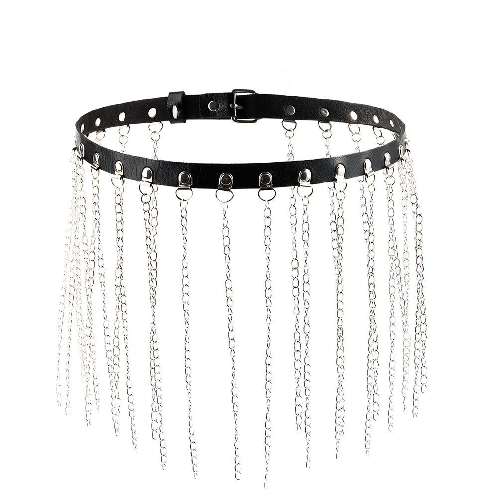 Simple Style Solid Color PU Leather Alloy Chain Women's Belt with Tassel and Gothic Punk Harness