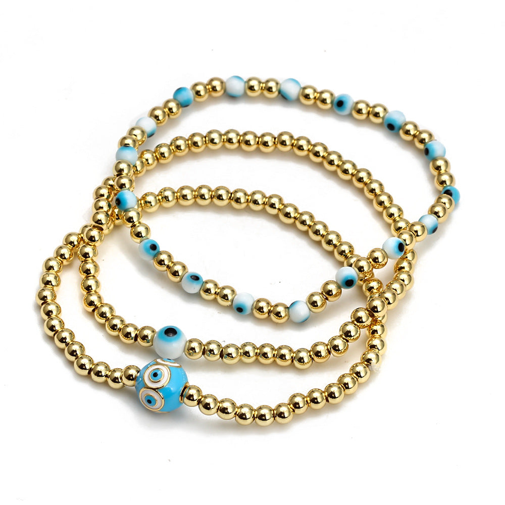 Evil Eye Copper Plated Bracelet Set with Blue Bead Charms