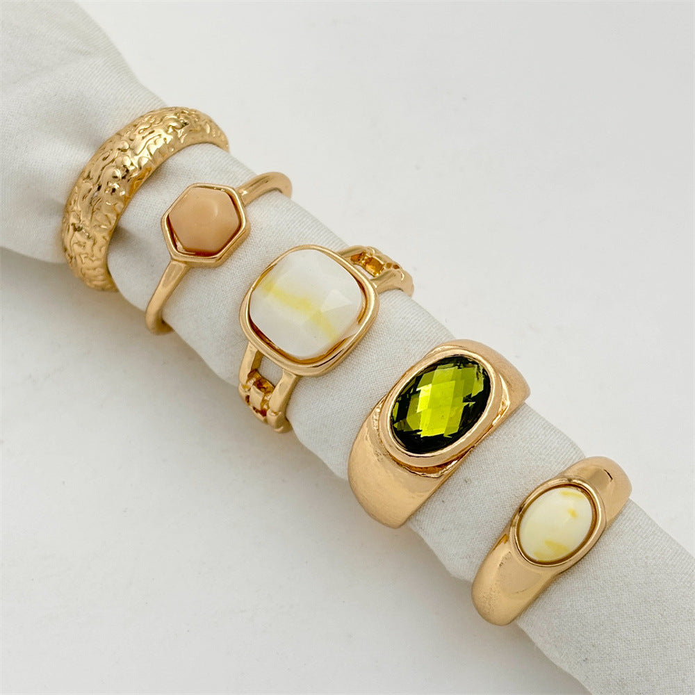 Ethnic Geometric Alloy Plated Resin Gemstone Women's Ring Set - 5 Pieces