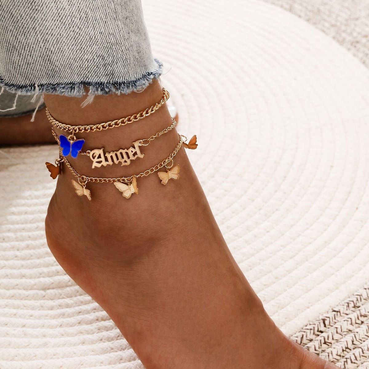 Simple Sweet Acrylic Butterfly Angel Pendant Flower Tassel Anklet Set