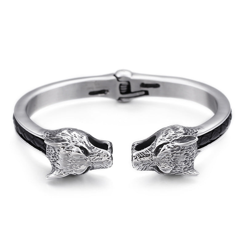 Vintage Wolf Head Titanium Steel Open Bracelet for Men