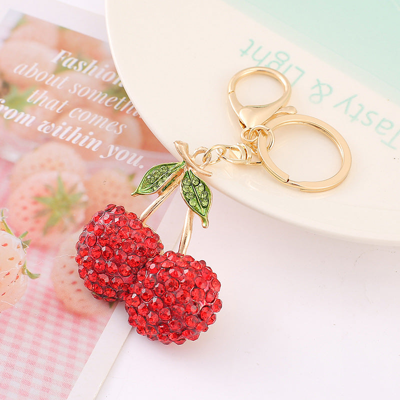 Korean Style Rhinestone Cherry Alloy Keychain Pendant