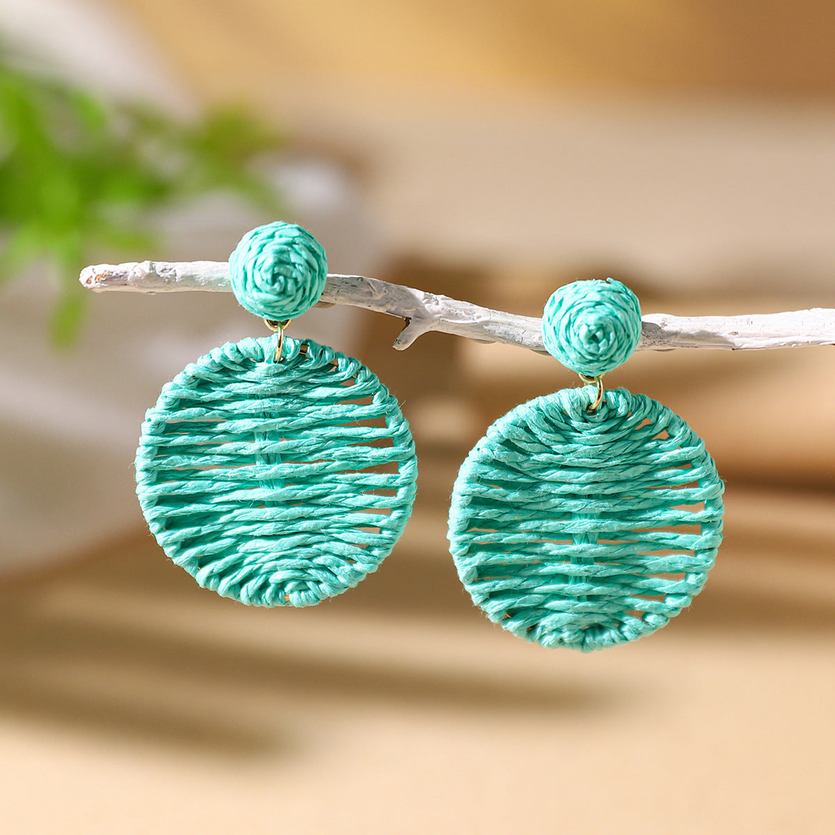 Bohemian Rattan Circle Braid Straw Drop Earrings for Vacation