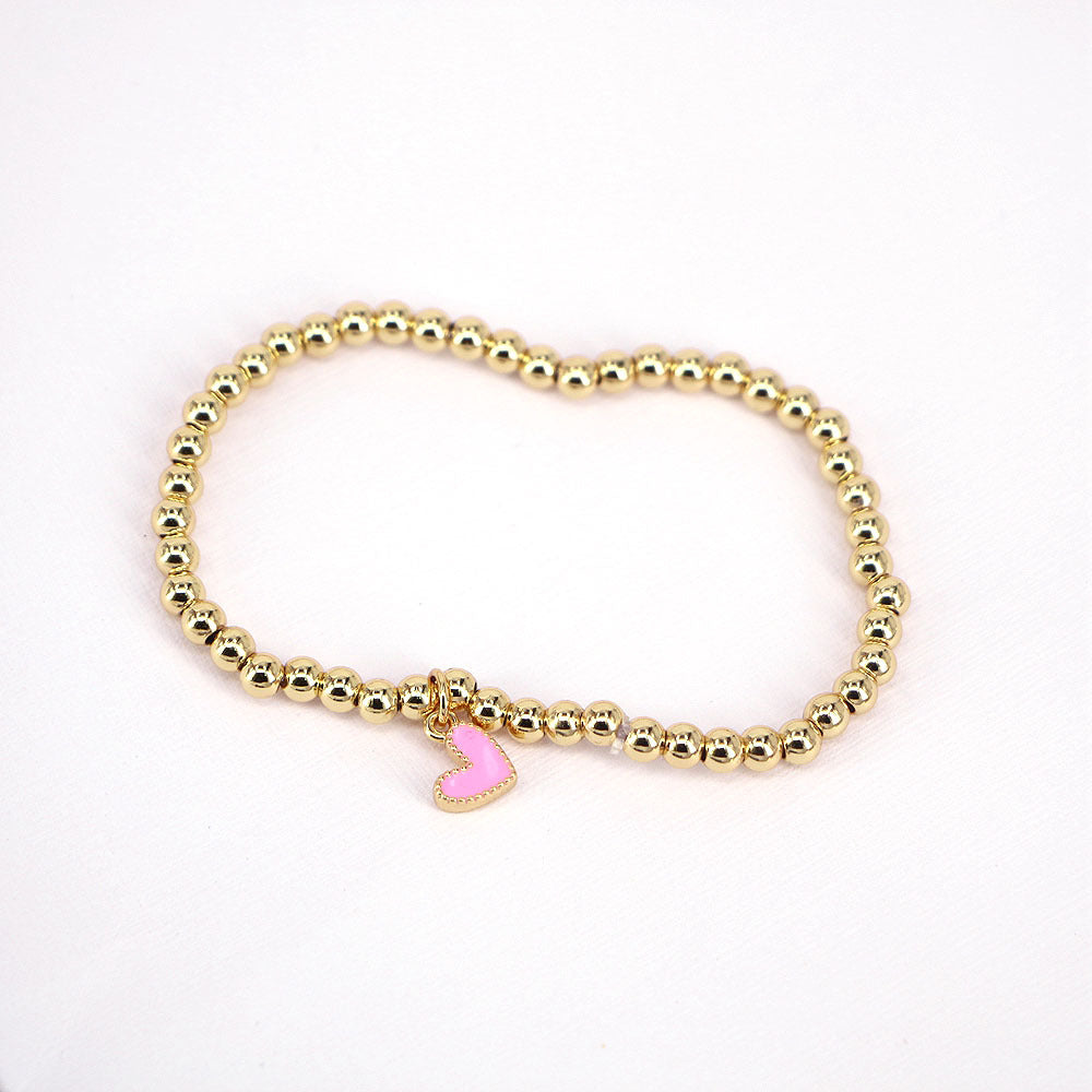 Geometric Copper Gemstone & Gold Bead Heart Elastic Bracelet Set