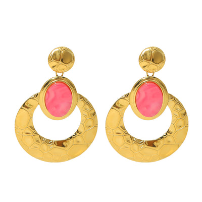 1 Pair IG Style Retro Classic Round 18K Gold Plated Stainless Steel Natural Stone Drop Earrings