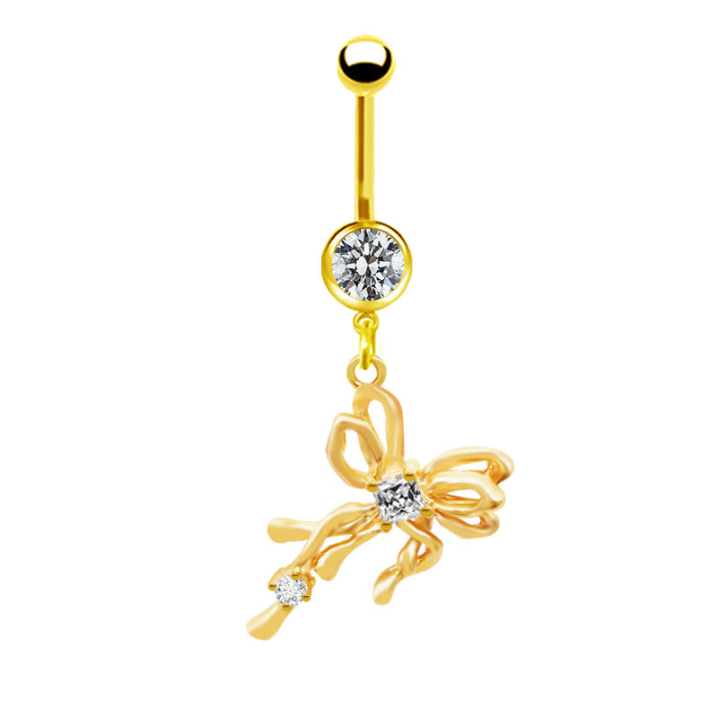 Elegant Bow Knot Belly Ring - 316 Stainless Steel with Rhinestones and Gold Plating