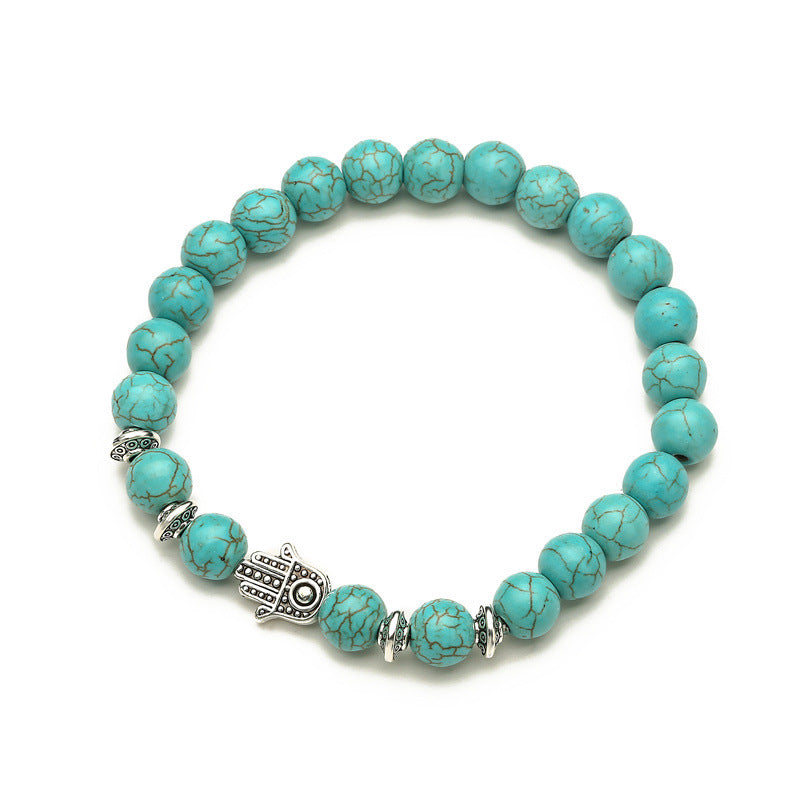 Retro Ethnic Geometric Turquoise Beaded Bracelet Set with Cross Charms