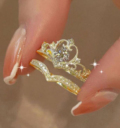 Simple Crown Crystal Adjustable Women's Ring Set