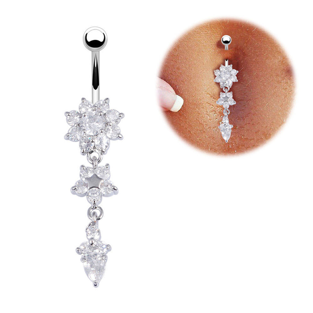 Stainless Steel Flower Rhinestone Navel Ring with Pendant