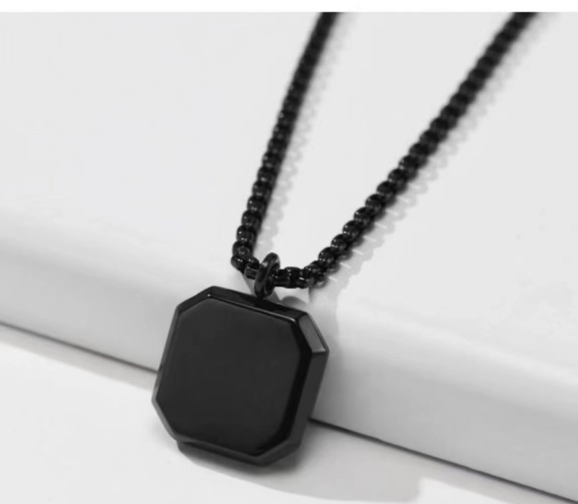 Retro Geometric Black Square Pendant Necklace for Men in Titanium and Stainless Steel