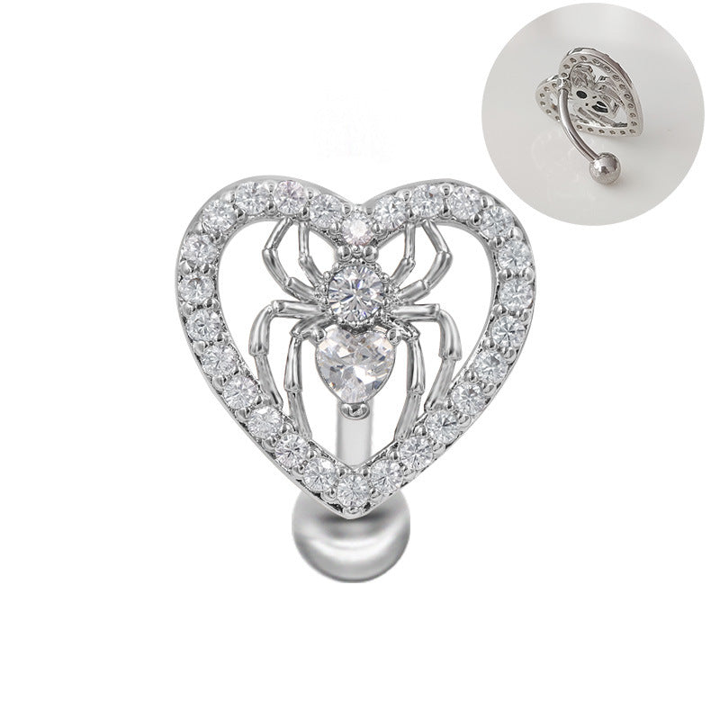 Heart Shape Winged Spider Belly Ring with Rhinestone Inlay - Gold & Silver Plated