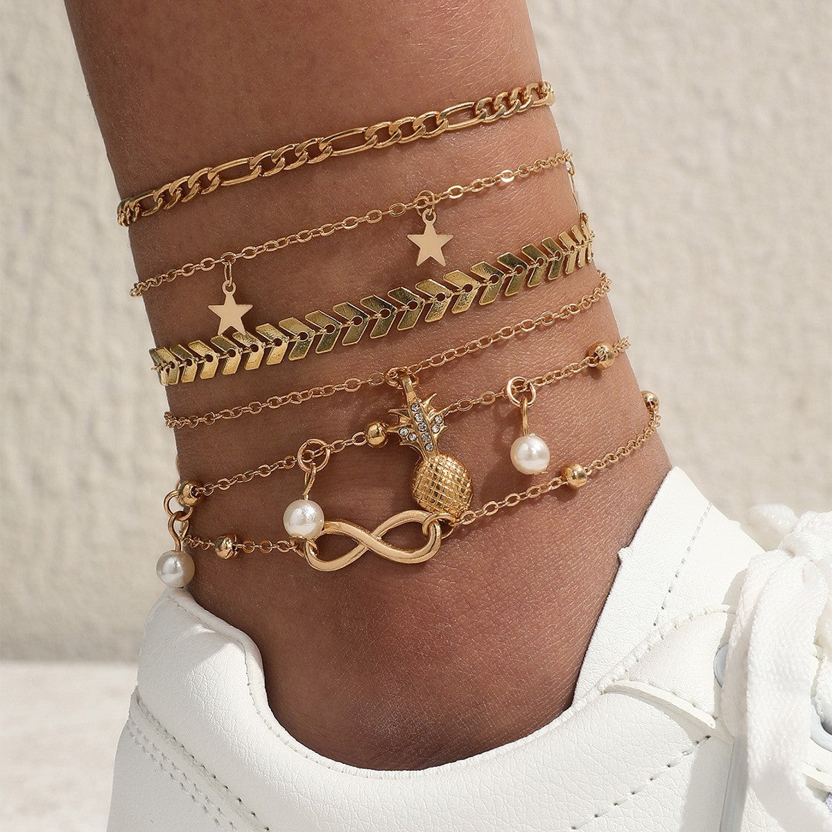 European American Fashion Double Layered Pearl and Turtle Anklet Set